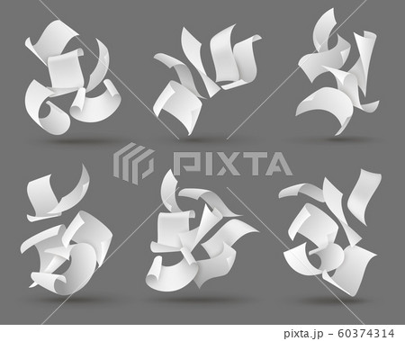Falling paper sheets. White flying papers with curved corners. Blank document pages, chaotic paperwork. Fly scattered notes vector set Falling paper sheets. White flying papers with curved corners. Blank document pages, chaotic paperwork. Fly scattered notes vector set 60374314