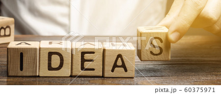 Wooden blocks with the word Ideas and businessman. Generation of innovative business ideas. Creative process. Business strategy and startup. Plan. Planning Wooden blocks with the word Ideas and businessman. Generation of innovative business ideas. Creative process. Business strategy and startup. Plan. Planning 60375971