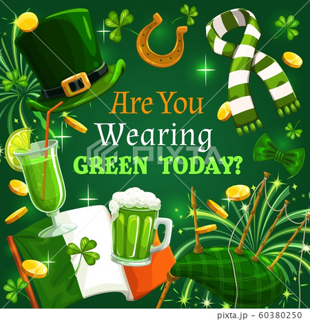 St Patrick Day shamrock, green beer, Ireland flag 60380250