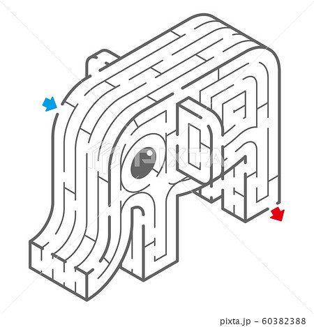 ゾウのアイソメトリック迷路 塗り絵 のイラスト素材 6033