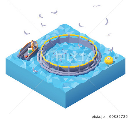 Vector isometric feeding fish at fish farm 60382726
