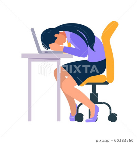 Stressed and frustrated concept with exhausted female business woman at office sleeping at the table. Cartoon vector 60383560