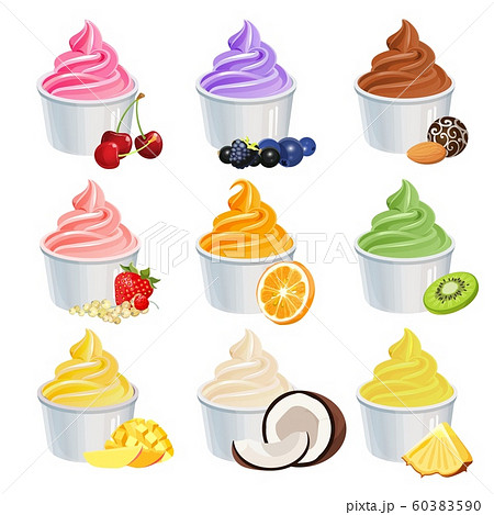 Frozen yogurt cups icons set with fruits and vanilla. Vector 60383590