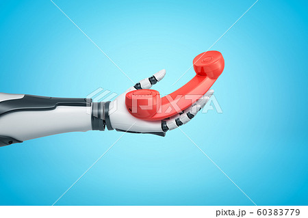 Robotic hand holding red retro telephone receiver on blue background Robotic hand holding red retro telephone receiver on blue background 60383779