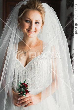 Portrait of beautiful bride with fashion veil at wedding morning 60385684