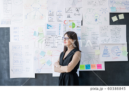Young successful female economist with crossed arms standing by blackboard Young successful female economist with crossed arms standing by blackboard 60386845