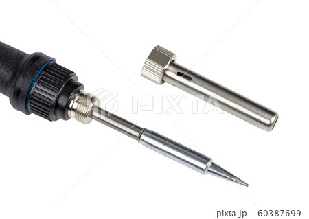 Close-up of a soldering iron tip with a blue 60387699