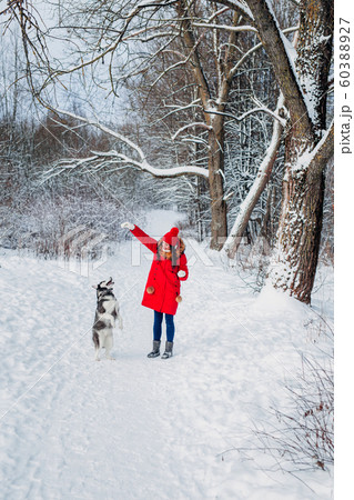 Young woman playing with her Husky dog in winter park 60388927
