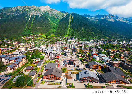 Chamonix town aerial panoramic view 60390599
