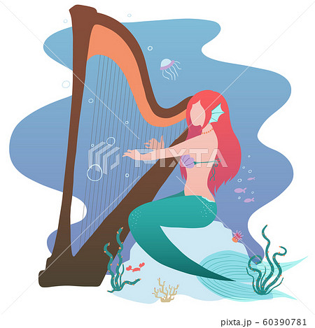 Mermaid Is Sitting On A Stone And Plays The Harpのイラスト素材