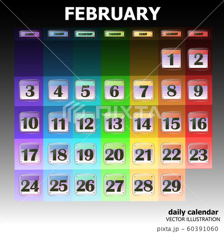 Colorful calendar for February 2020 in english. Set of buttons with calendar dates. Vector 60391060