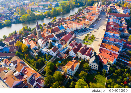 View from drone of Czech town of Telc View from drone of Czech town of Telc 60402099
