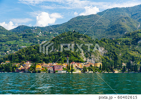 Landscape with lake and mediterranean buildings, lake Como, Varenna Landscape with lake and mediterranean buildings, lake Como, Varenna 60402615