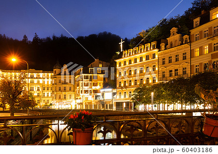Embankments of Karlovy Vary in evening, Czech Republic Embankments of Karlovy Vary in evening, Czech Republic 60403186