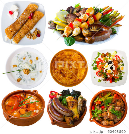 Dishes of traditional Bulgarian cuisine with meat, vegetables, tasty ingredients 60403890