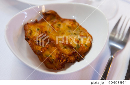 Spanish tortilla with shrimp closeup Spanish tortilla with shrimp closeup 60403944