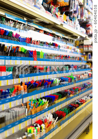 Colorful pen shelves in office supply store 60404038