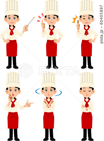 女性料理人の6種類のポーズと仕草のイラスト素材