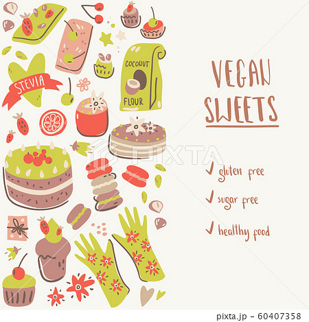 Poster with bakery kitchen elements and healthy sweets. Cake, cupcake and berries. Stylish background Poster with bakery kitchen elements and healthy sweets. Cake, cupcake and berries. Stylish background 60407358