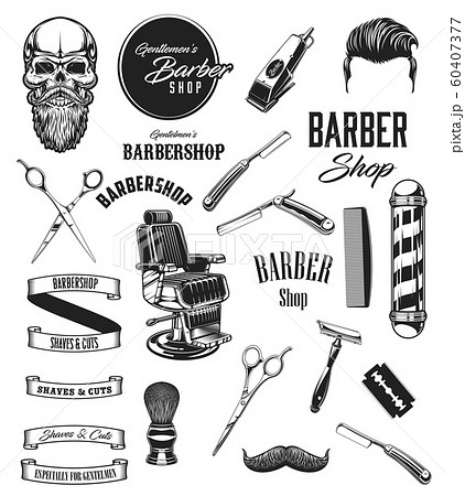 Barbershop icons, mustache and beard barber tools Barbershop icons, mustache and beard barber tools 60407377