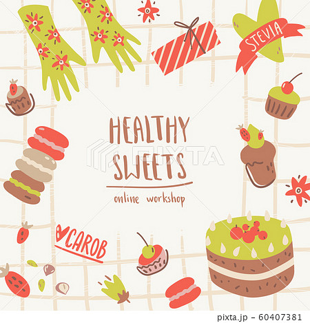 Poster with bakery kitchen elements and healthy sweets. Cake, cupcake and berries. Stylish frame Poster with bakery kitchen elements and healthy sweets. Cake, cupcake and berries. Stylish frame 60407381