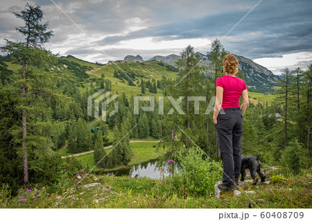 hikers in the austrian alps walk on mountain hiking trails in the woods around the lakes hikers in the austrian alps walk on mountain hiking trails in the woods around the lakes 60408709