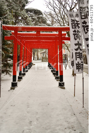 北海道函館市湯倉神社境内の脇の稲荷大明神の鳥居と拝殿の冬の雪景色を撮影 北海道函館市湯倉神社境内の脇の稲荷大明神の鳥居と拝殿の冬の雪景色を撮影 60411795