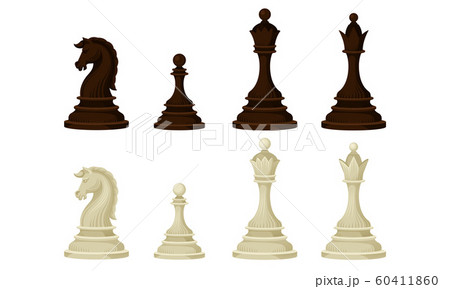 Black and White Chess Figures Collection, Chess Pieces, Queen, King, Knight, Pawn Vector Illustration 60411860