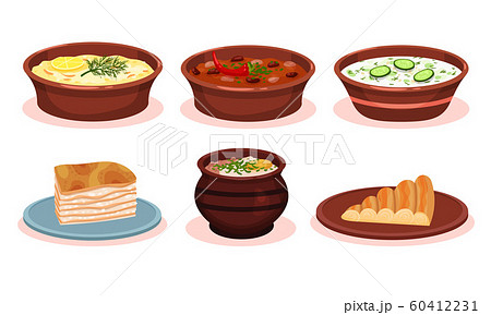 Bulgarian Cuisine National Food Dishes Collection, Vegetables and Meat Stewed in Pot, Banitsa Pie, Okroshka Vector Illustration 60412231