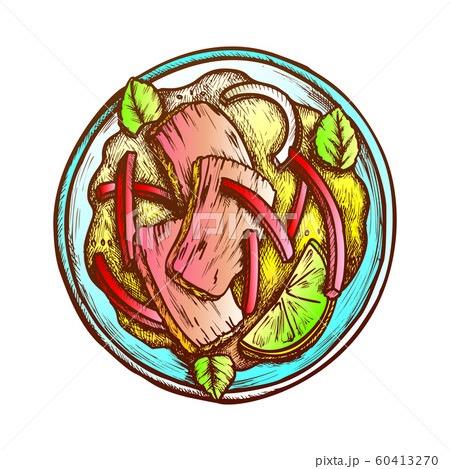 Beef With Basil, Lime, Pepper And Onion Ink Vector 60413270
