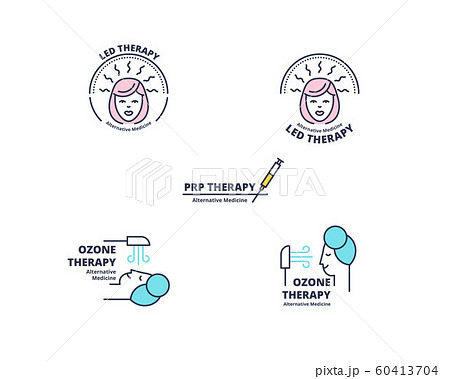 Minimalist LED, Ozone Therapy and PRP Treatment badges on white background. Cosmetology procedures and facial care alternative medicine concept. 60413704