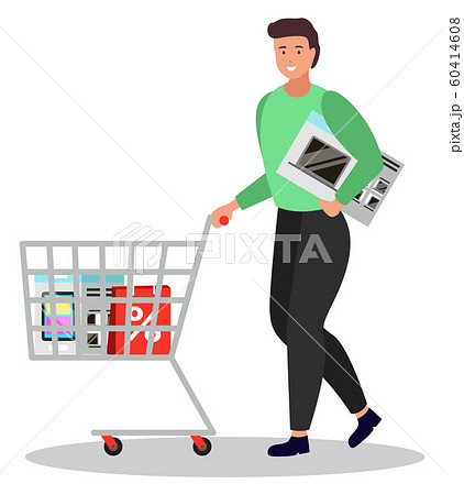 Person on Shopping Carrying Microwave Oven and Bag 60414608