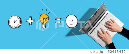 Time plus idea equals happy with person using laptop 60415452