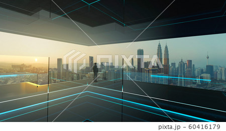 Rear view of a businessman looking at large city center. Concept of success and appreciation. Mixed media . 60416179