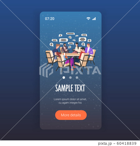 businesspeople sitting at round table chatting during meeting social network chat bubble communication concept business people messaging smartphone screen online mobile app full length businesspeople sitting at round table chatting during meeting social network chat bubble communication concept business people messaging smartphone screen online mobile app full length 60418839