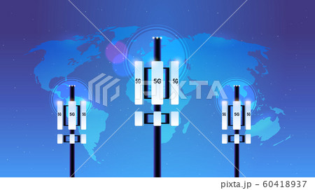 base station receiver 5G online communication tower network technology systems connection information transmitter concept global high speed internet world map background flat horizontal 60418937