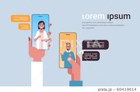 human hands using chatting app social network chat bubble communication concept man woman talking messaging in smartphone screens online mobile application portrait copy space 60419014