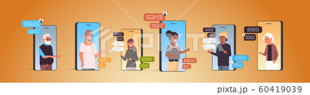 people using chatting app social network chat bubble communication concept mix race men women messaging in smartphone screens online mobile application portrait horizontal 60419039