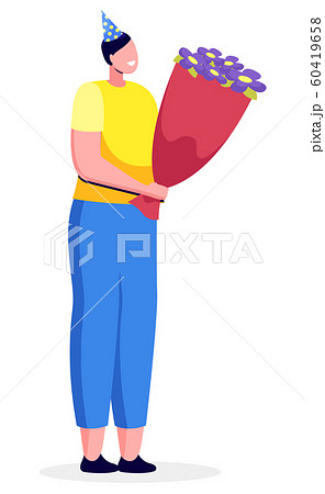 Man Holding Flowers Bouquet Wearing Hat Vectorのイラスト素材