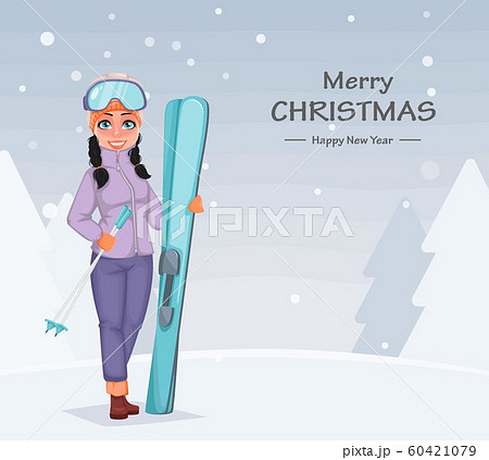 Beautiful Woman With Skis のイラスト素材