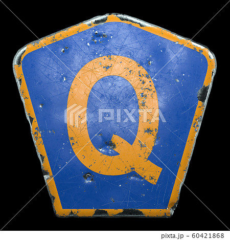 Public road sign in blue and orange color with a capitol letter Q in the center isolated black background. 3d 60421868