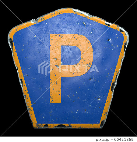 Public road sign in blue and orange color with a capitol letter P in the center isolated black background. 3d 60421869