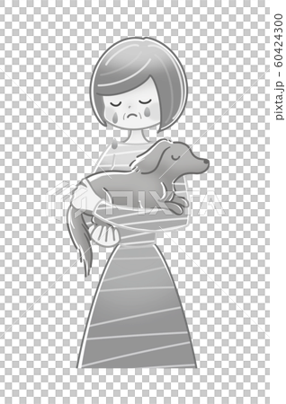 シニア 女性 犬 抱っこ 白黒のイラスト素材