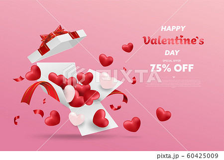 Surprise white gift box with red ribbon and Hearts balloon. Open gift box isolated. Party, Shopping poster. Valentine's Day design. Surprise white gift box with red ribbon and Hearts balloon. Open gift box isolated. Party, Shopping poster. Valentine's Day design. 60425009