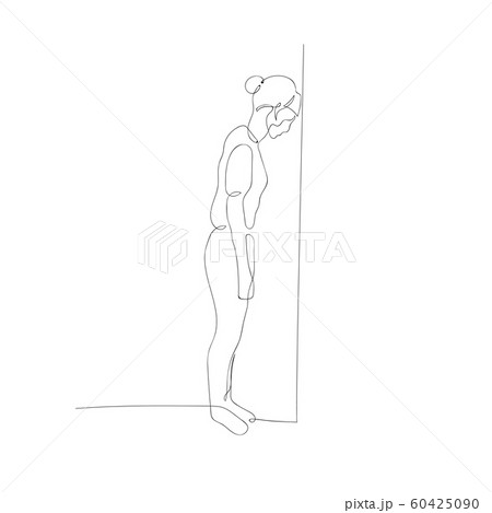 Continuous one line woman lean her head against the wall. Dead end, hopelessness, lack of prospects. Vector illustration. Continuous one line woman lean her head against the wall. Dead end, hopelessness, lack of prospects. Vector illustration. 60425090