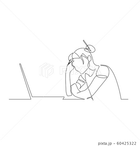 Continuous one line woman sitting in front of laptop propping her head with her hand. Vector illustration. Continuous one line woman sitting in front of laptop propping her head with her hand. Vector illustration. 60425322