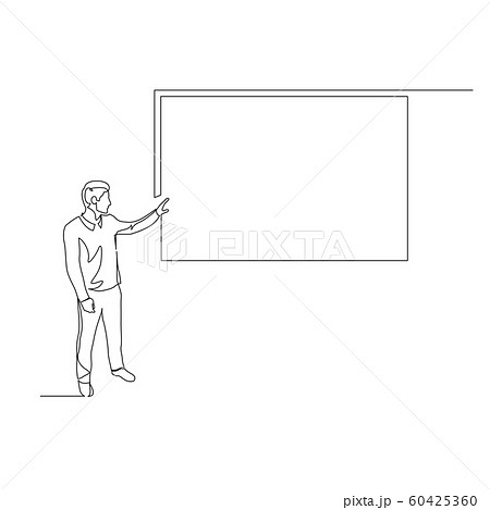 Continuous one line man points to the screen copyspace tells the presentation. Vector illustration. 60425360