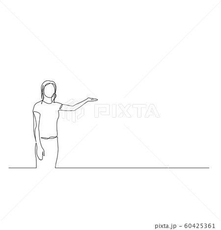Continuous one line woman points to the copyspace. Vector illustration. 60425361