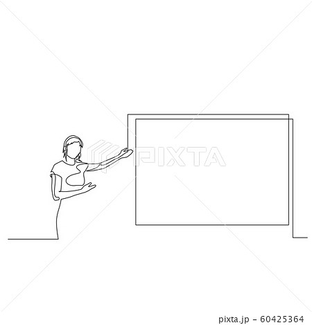 Continuous one line woman points to the screen copyspace tells the presentation. Vector illustration. Continuous one line woman points to the screen copyspace tells the presentation. Vector illustration. 60425364