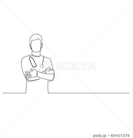 Continuous one line man doctor with phonendoscope stand with arms crossed. Vector illustration. 60425376